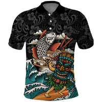 Personalized Japanese Koi Fish Ramen Polo Shirt Tiki Surfing Wagara Hibiscus Pattern LT9 Black - Polynesian Pride