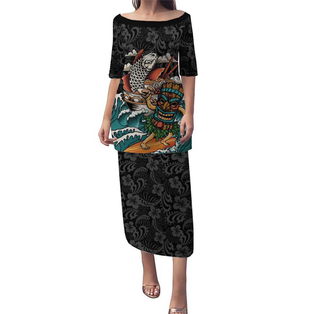 Personalized Japanese Koi Fish Ramen Puletasi Tiki Surfing Wagara Hibiscus Pattern