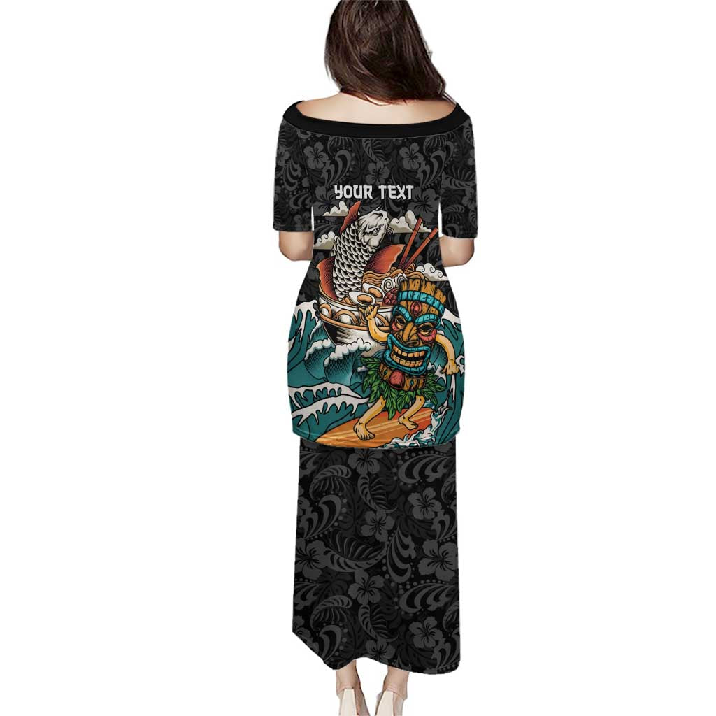 Personalized Japanese Koi Fish Ramen Puletasi Tiki Surfing Wagara Hibiscus Pattern