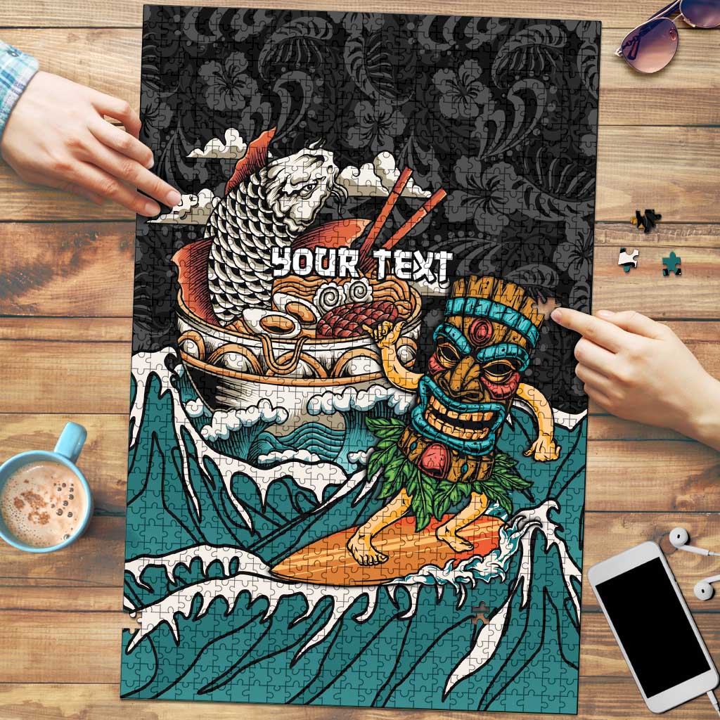 Personalized Japanese Koi Fish Ramen Puzzle Tiki Surfing Wagara Hibiscus Pattern LT9 Black - Polynesian Pride