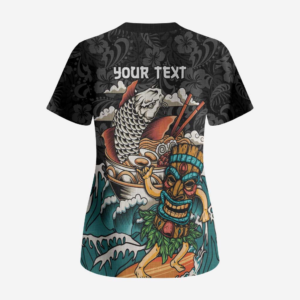Personalized Japanese Koi Fish Ramen Scrub Top Tiki Surfing Wagara Hibiscus Pattern LT9 - Polynesian Pride