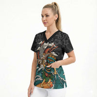 Personalized Japanese Koi Fish Ramen Scrub Top Tiki Surfing Wagara Hibiscus Pattern LT9 - Polynesian Pride