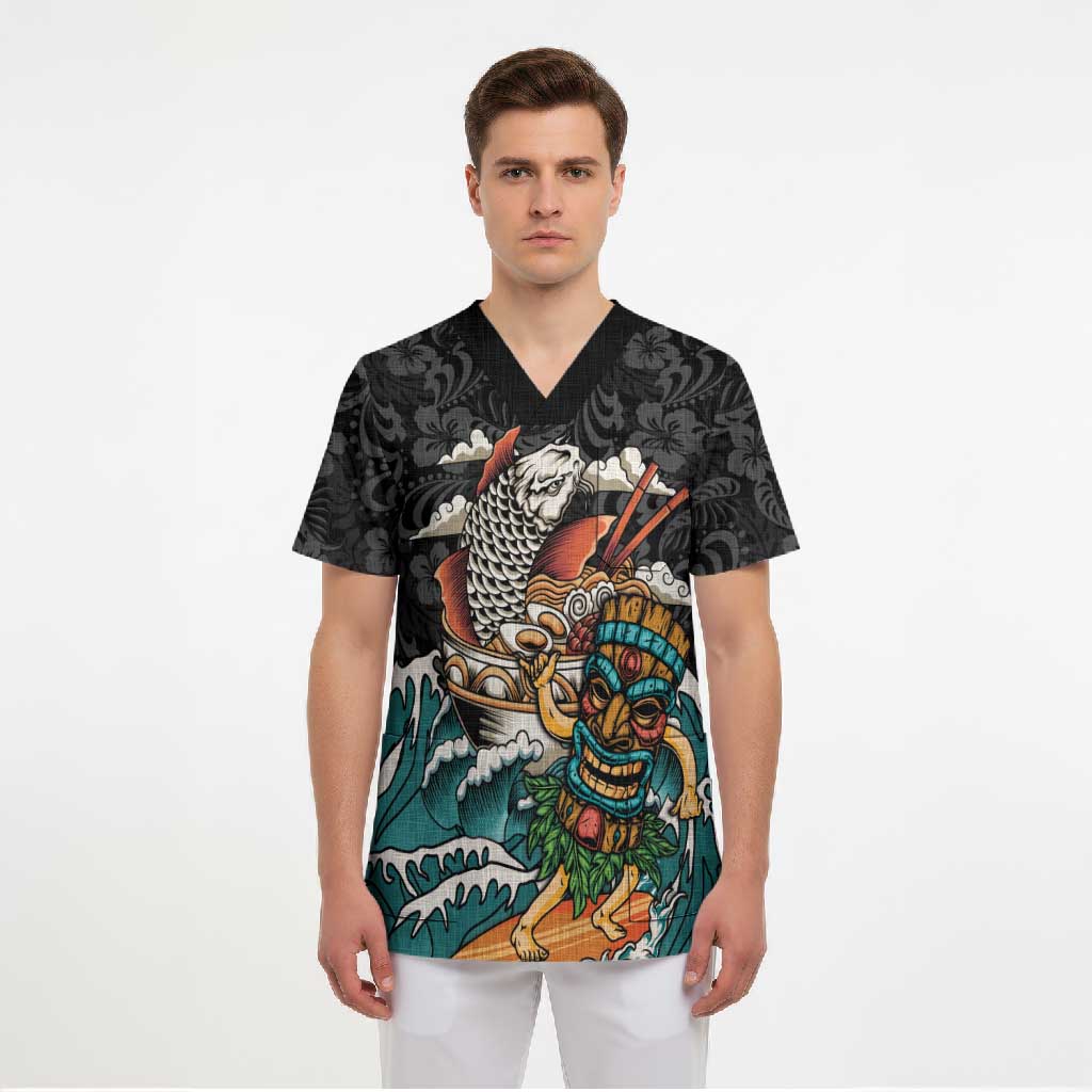 Personalized Japanese Koi Fish Ramen Scrub Top Tiki Surfing Wagara Hibiscus Pattern LT9 - Polynesian Pride