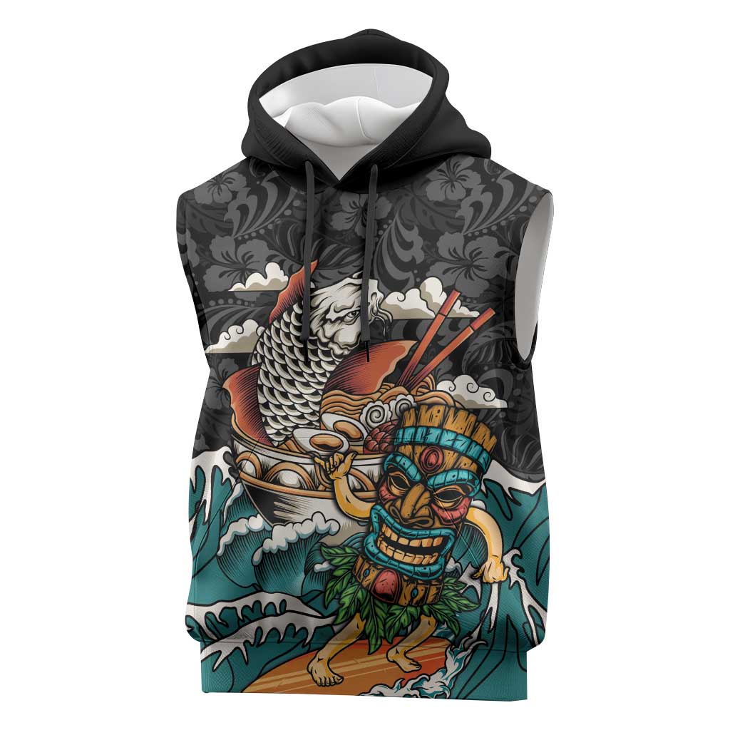 Personalized Japanese Koi Fish Ramen Sleeveless Hoodie Tiki Surfing Wagara Hibiscus Pattern LT9 Black - Polynesian Pride