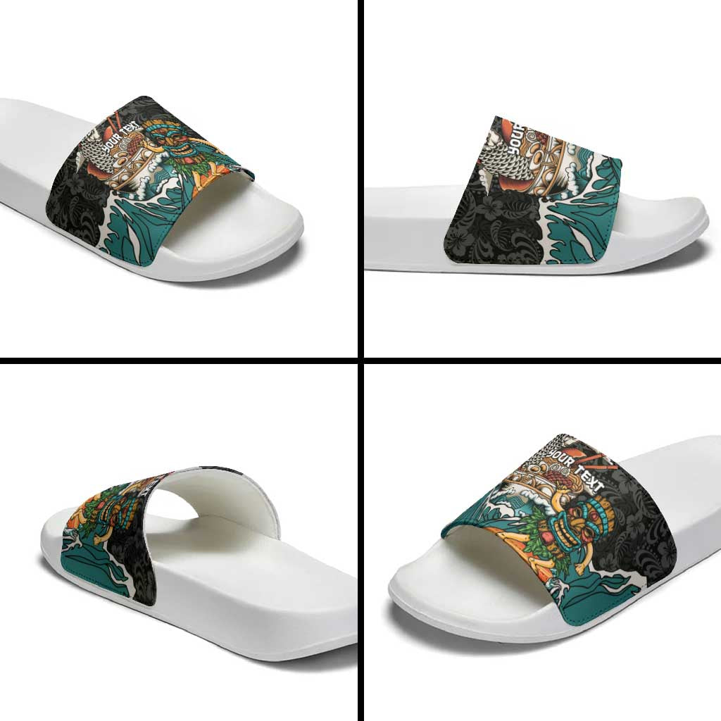 Personalized Japanese Koi Fish Ramen Slide Sandals Tiki Surfing Wagara Hibiscus Pattern LT9 - Polynesian Pride