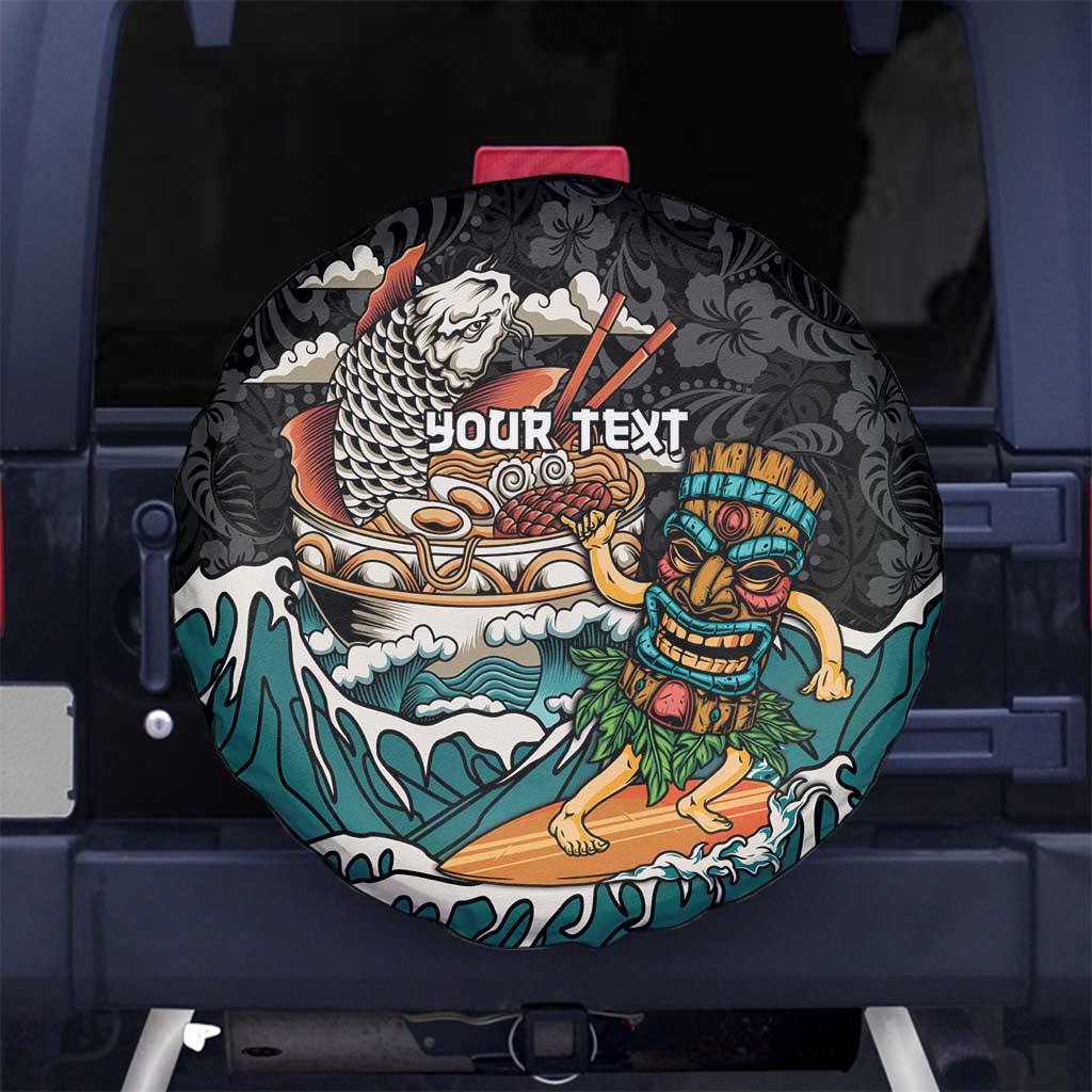 Personalized Japanese Koi Fish Ramen Spare Tire Cover Tiki Surfing Wagara Hibiscus Pattern LT9 No hole Black - Polynesian Pride