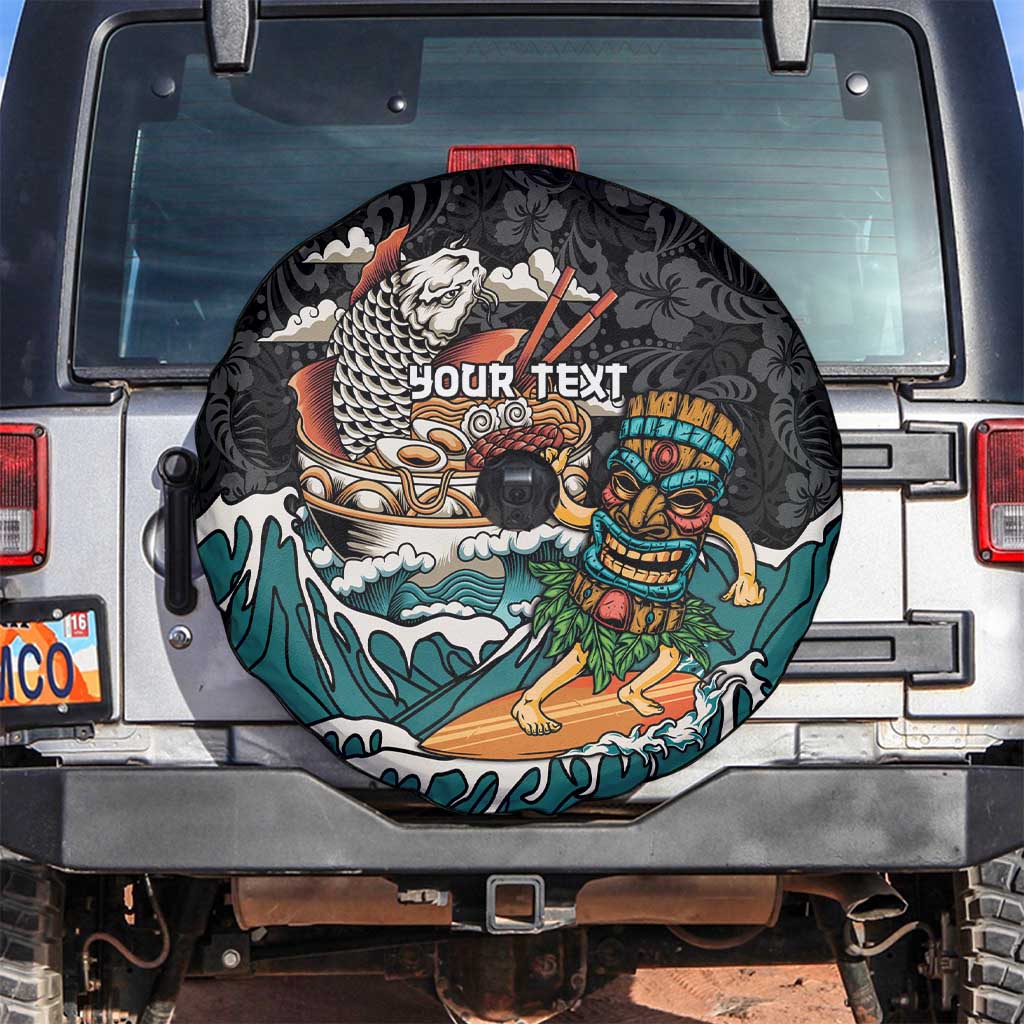 Personalized Japanese Koi Fish Ramen Spare Tire Cover Tiki Surfing Wagara Hibiscus Pattern LT9 Black - Polynesian Pride