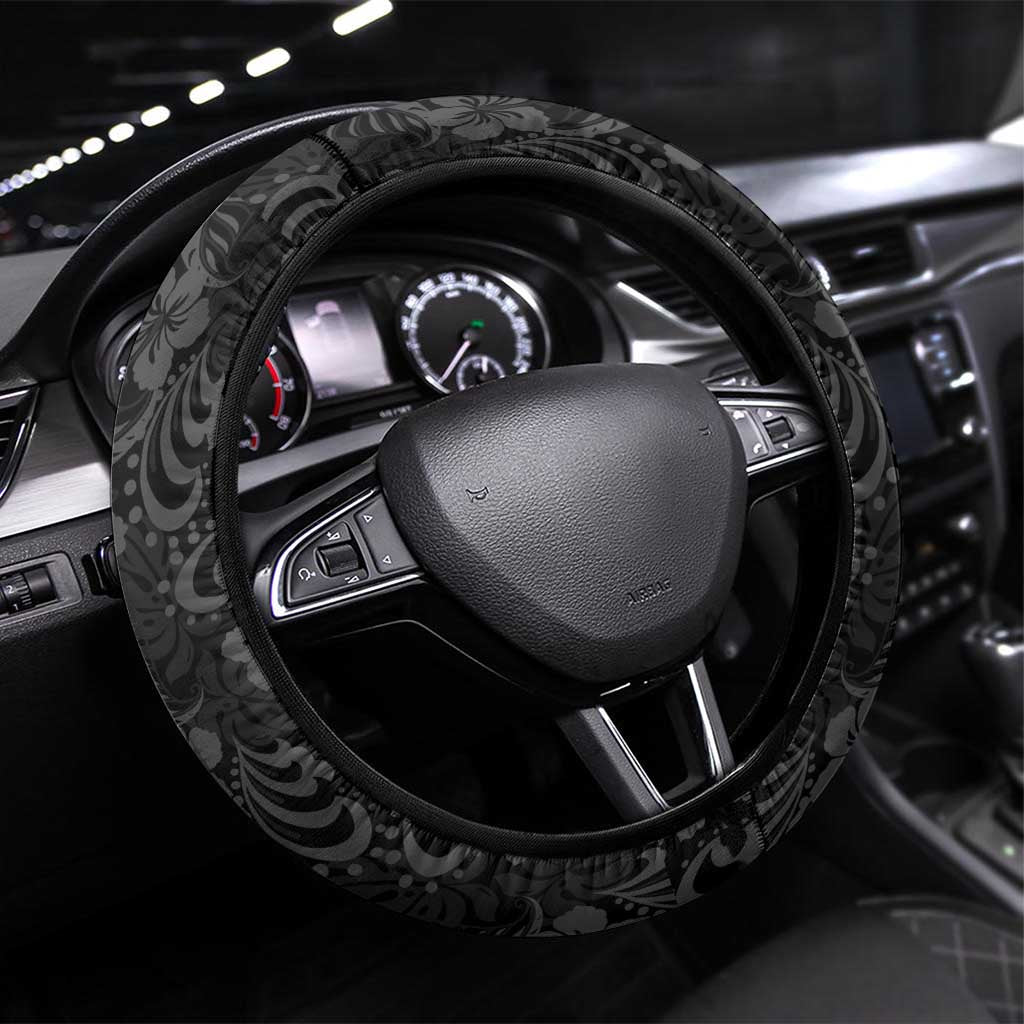 Japanese Koi Fish Ramen Steering Wheel Cover Tiki Surfing Wagara Hibiscus Pattern LT9 Universal Fit Black - Polynesian Pride