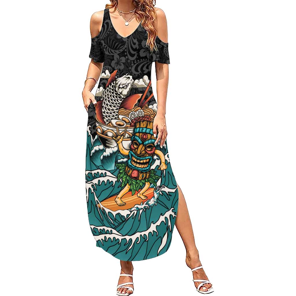 Personalized Japanese Koi Fish Ramen Summer Maxi Dress Tiki Surfing Wagara Hibiscus Pattern LT9 Women Black - Polynesian Pride