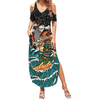 Personalized Japanese Koi Fish Ramen Summer Maxi Dress Tiki Surfing Wagara Hibiscus Pattern LT9 Women Black - Polynesian Pride