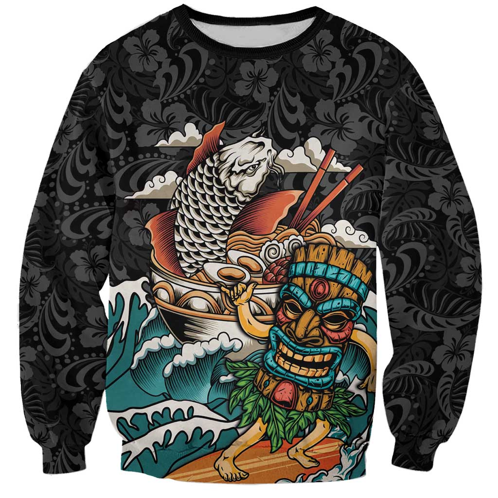 Personalized Japanese Koi Fish Ramen Sweatshirt Tiki Surfing Wagara Hibiscus Pattern LT9 Unisex Black - Polynesian Pride