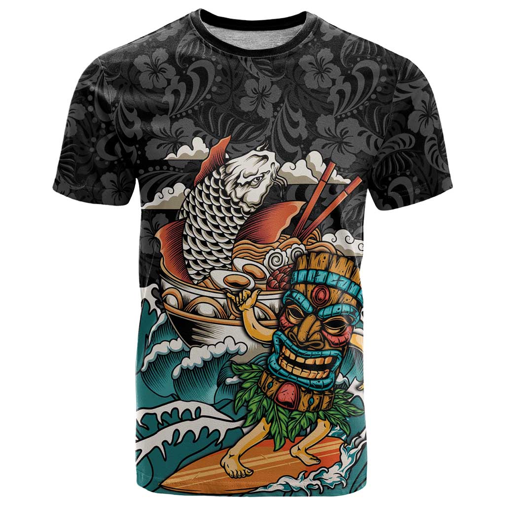 Personalized Japanese Koi Fish Ramen T Shirt Tiki Surfing Wagara Hibiscus Pattern LT9 Black - Polynesian Pride