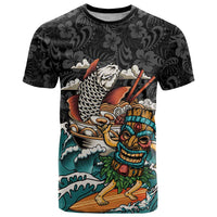 Personalized Japanese Koi Fish Ramen T Shirt Tiki Surfing Wagara Hibiscus Pattern LT9 Black - Polynesian Pride