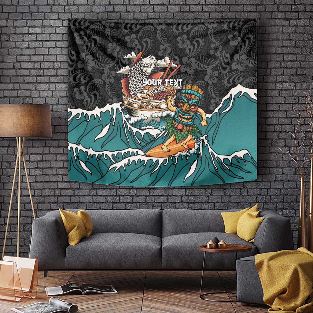 Personalized Japanese Koi Fish Ramen Tapestry Tiki Surfing Wagara Hibiscus Pattern LT9 Black - Polynesian Pride
