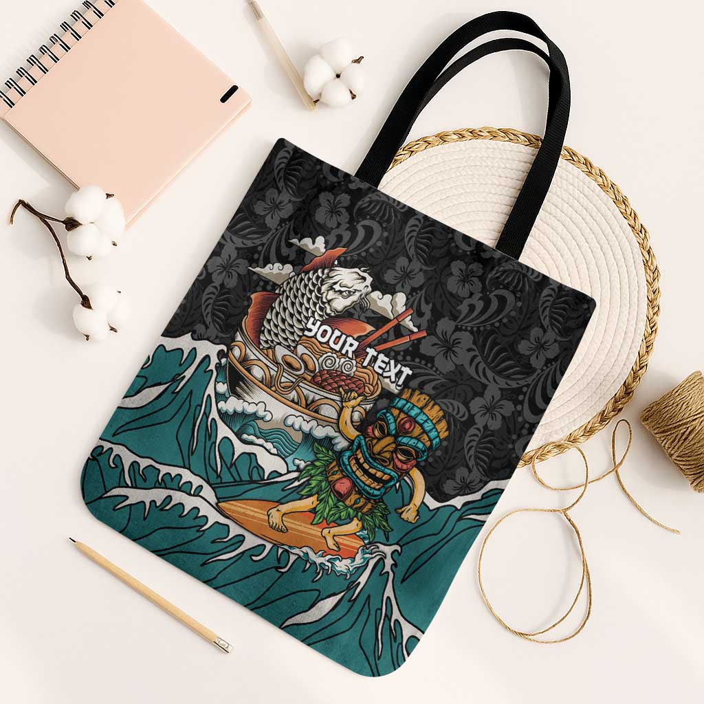 Personalized Japanese Koi Fish Ramen Tote Bag Tiki Surfing Wagara Hibiscus Pattern