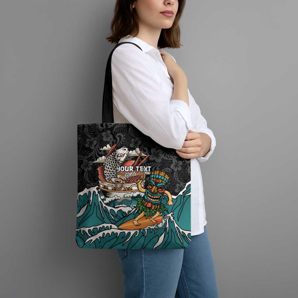 Personalized Japanese Koi Fish Ramen Tote Bag Tiki Surfing Wagara Hibiscus Pattern