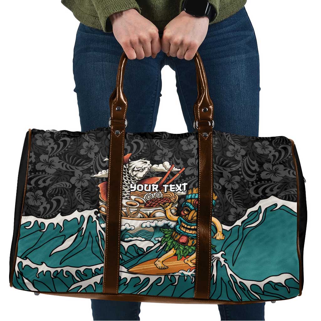 Personalized Japanese Koi Fish Ramen Travel Bag Tiki Surfing Wagara Hibiscus Pattern LT9 Black - Polynesian Pride