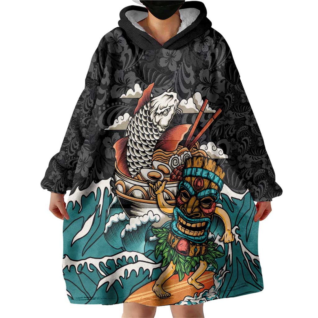 Personalized Japanese Koi Fish Ramen Wearable Blanket Hoodie Tiki Surfing Wagara Hibiscus Pattern LT9 - Polynesian Pride