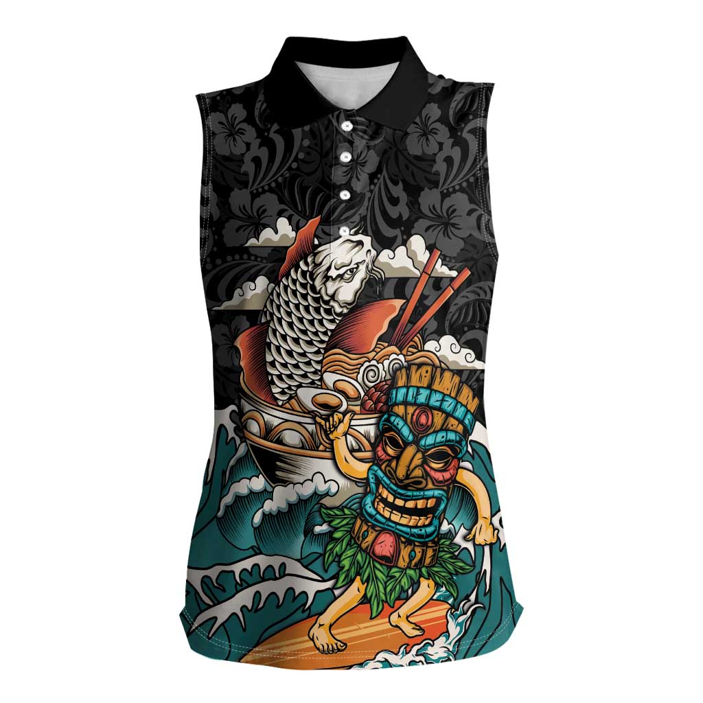 Personalized Japanese Koi Fish Ramen Women Sleeveless Polo Shirt Tiki Surfing Wagara Hibiscus Pattern LT9 Female Black - Polynesian Pride