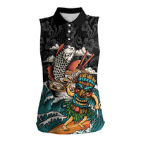 Personalized Japanese Koi Fish Ramen Women Sleeveless Polo Shirt Tiki Surfing Wagara Hibiscus Pattern LT9 Female Black - Polynesian Pride