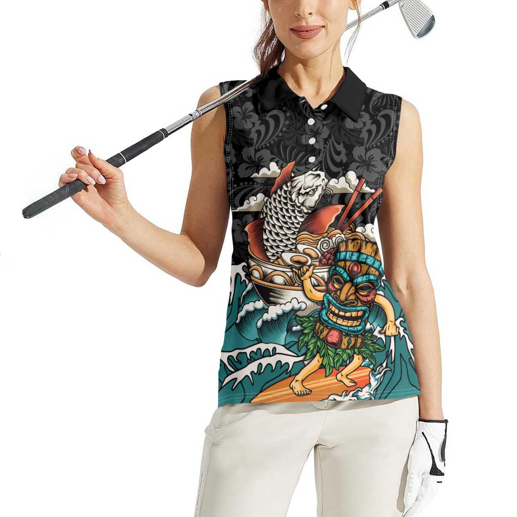 Personalized Japanese Koi Fish Ramen Women Sleeveless Polo Shirt Tiki Surfing Wagara Hibiscus Pattern LT9 - Polynesian Pride