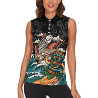 Personalized Japanese Koi Fish Ramen Women Sleeveless Polo Shirt Tiki Surfing Wagara Hibiscus Pattern LT9 - Polynesian Pride