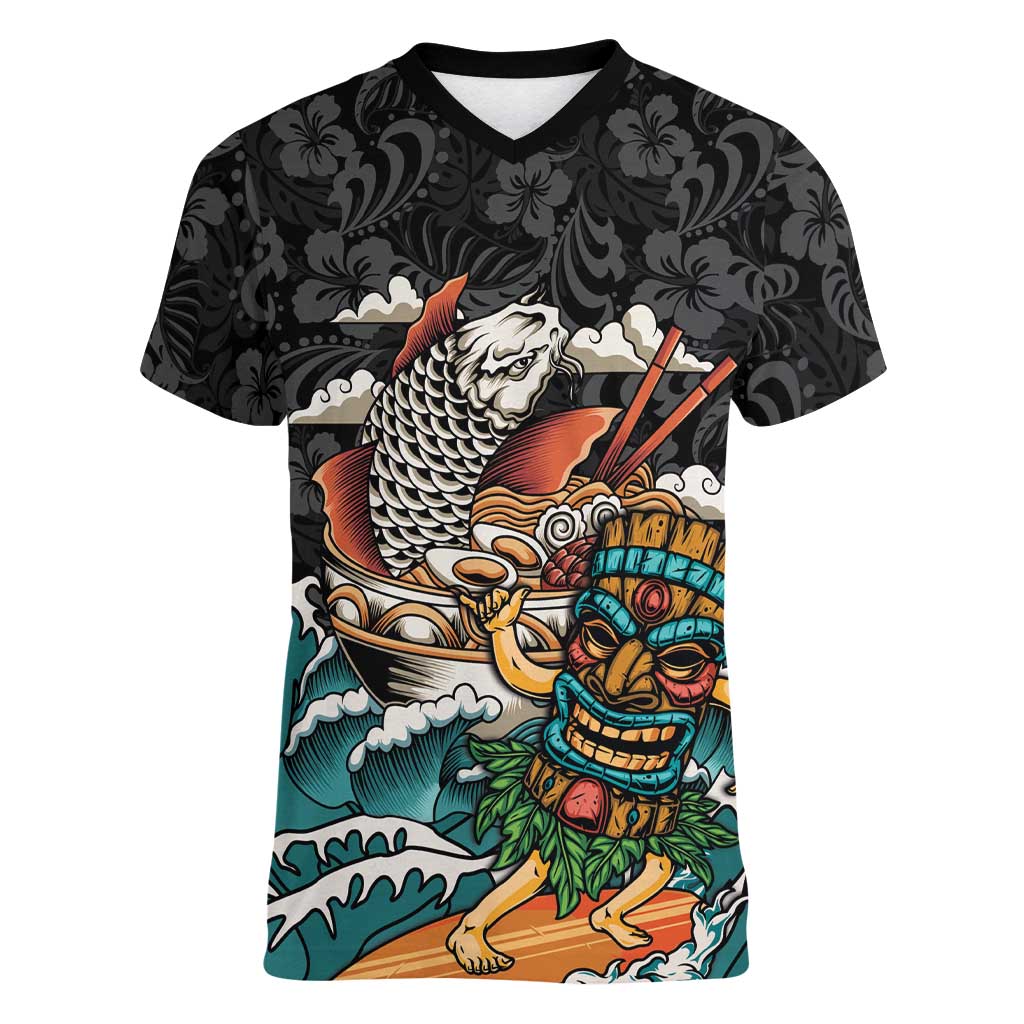 Personalized Japanese Koi Fish Ramen Women V-Neck T-Shirt Tiki Surfing Wagara Hibiscus Pattern LT9 Female Black - Polynesian Pride