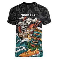 Personalized Japanese Koi Fish Ramen Women V-Neck T-Shirt Tiki Surfing Wagara Hibiscus Pattern LT9 - Polynesian Pride