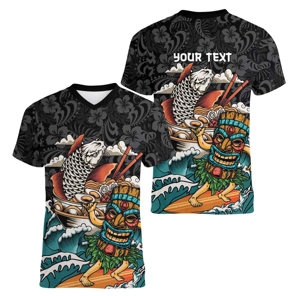 Personalized Japanese Koi Fish Ramen Women V-Neck T-Shirt Tiki Surfing Wagara Hibiscus Pattern LT9 - Polynesian Pride