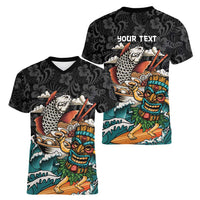 Personalized Japanese Koi Fish Ramen Women V-Neck T-Shirt Tiki Surfing Wagara Hibiscus Pattern LT9 - Polynesian Pride