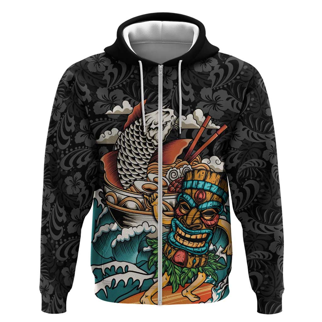 Personalized Japanese Koi Fish Ramen Zip Hoodie Tiki Surfing Wagara Hibiscus Pattern LT9 Zip Hoodie Black - Polynesian Pride