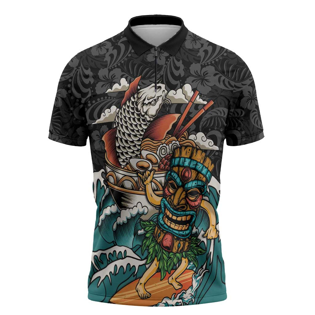 Personalized Japanese Koi Fish Ramen Zipper Polo Shirt Tiki Surfing Wagara Hibiscus Pattern LT9 Black - Polynesian Pride