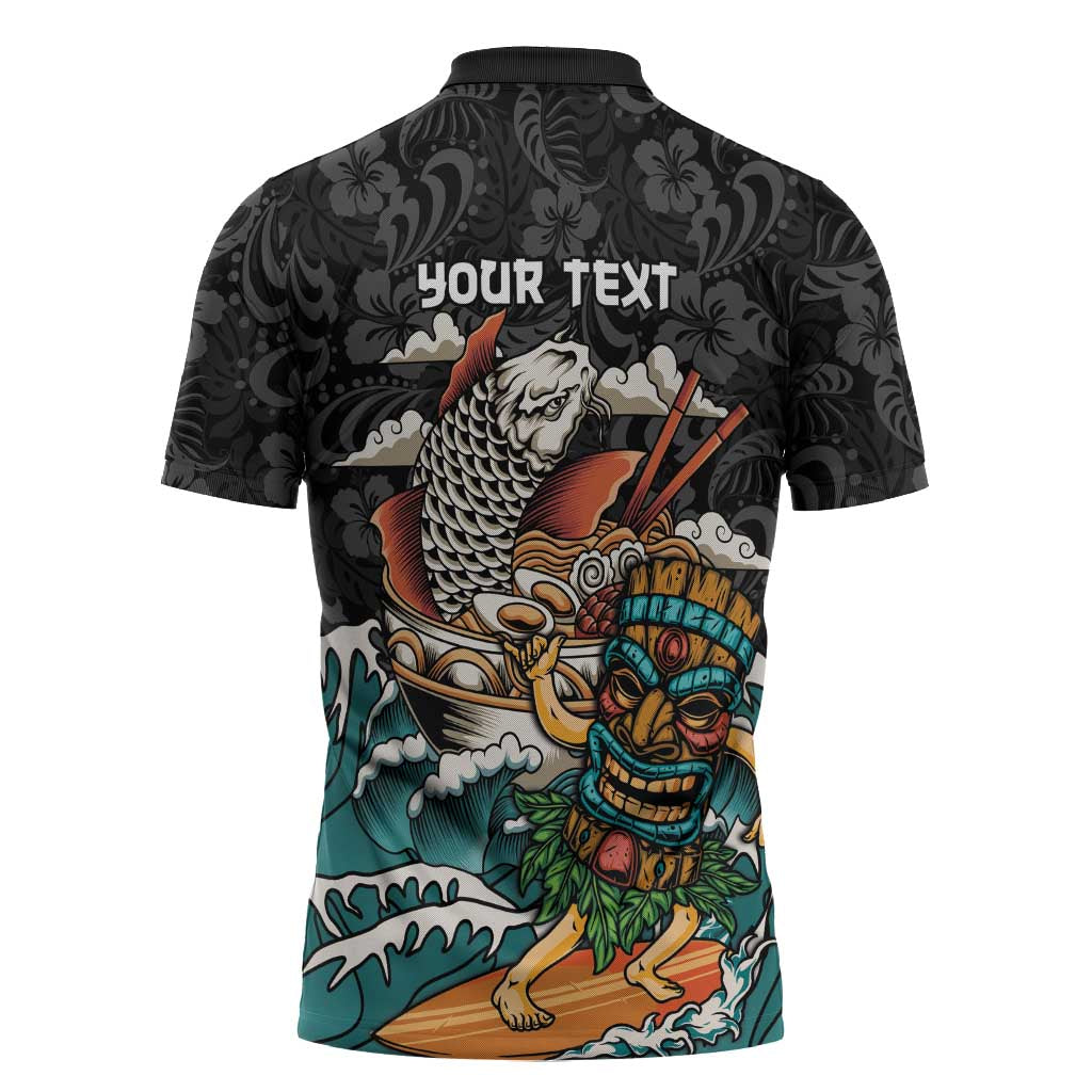 Personalized Japanese Koi Fish Ramen Zipper Polo Shirt Tiki Surfing Wagara Hibiscus Pattern LT9 - Polynesian Pride