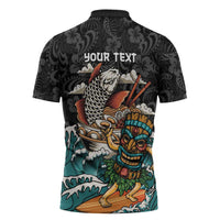 Personalized Japanese Koi Fish Ramen Zipper Polo Shirt Tiki Surfing Wagara Hibiscus Pattern LT9 - Polynesian Pride