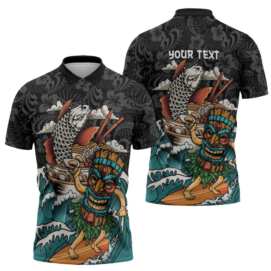 Personalized Japanese Koi Fish Ramen Zipper Polo Shirt Tiki Surfing Wagara Hibiscus Pattern LT9 - Polynesian Pride