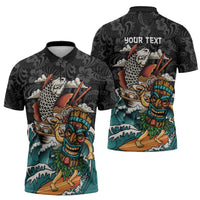 Personalized Japanese Koi Fish Ramen Zipper Polo Shirt Tiki Surfing Wagara Hibiscus Pattern LT9 - Polynesian Pride