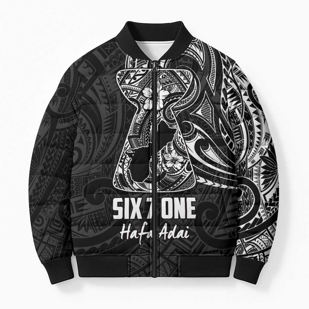 Black Guam Latte Stone Tribal Tattoo Bomber Puffer Jacket Hafa Adai Six 7 One - Polynesian Pride