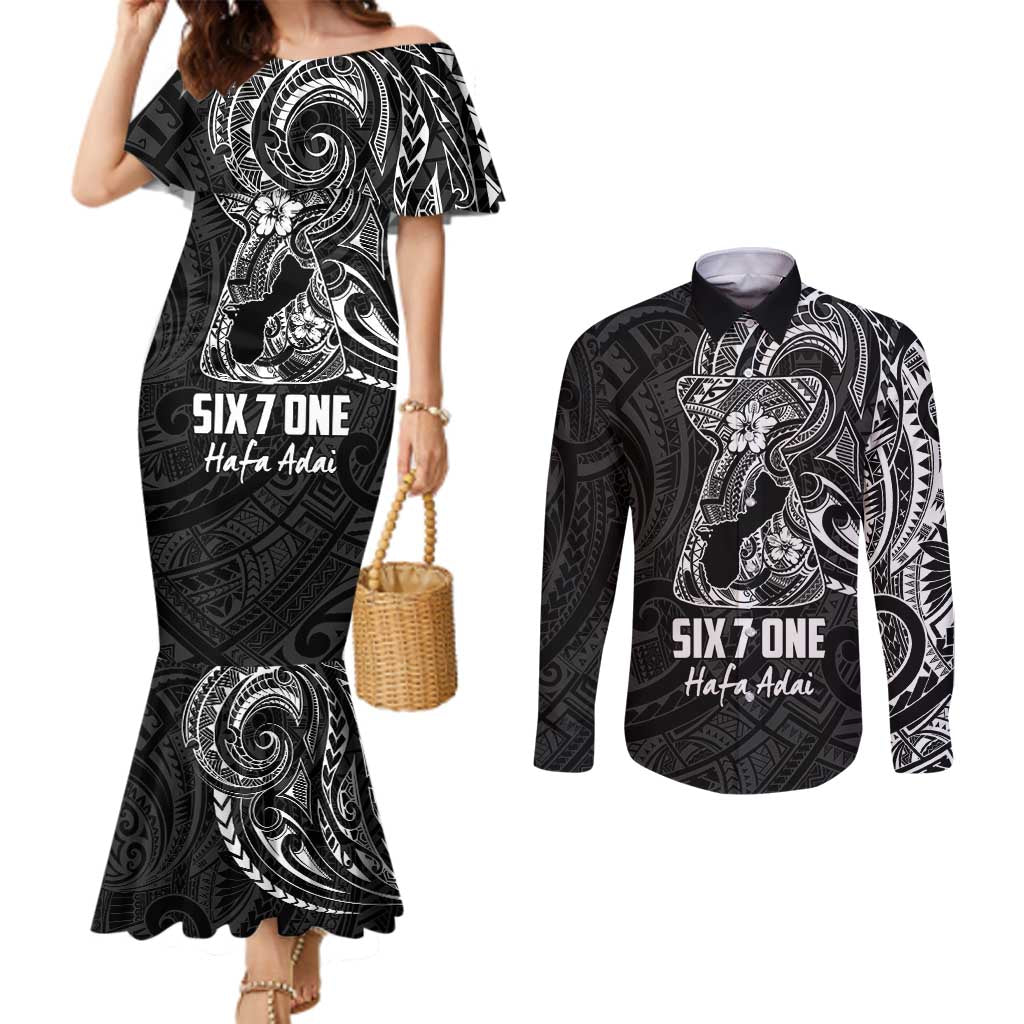 Black Guam Latte Stone Tribal Tattoo Couples Matching Mermaid Dress and Long Sleeve Button Shirt Hafa Adai Six 7 One