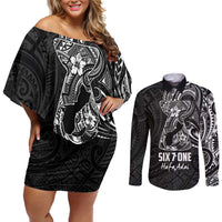 Black Guam Latte Stone Tribal Tattoo Couples Matching Off Shoulder Short Dress and Long Sleeve Button Shirt Hafa Adai Six 7 One
