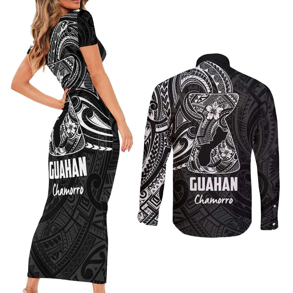 Black Guam Latte Stone Tribal Tattoo Couples Matching Short Sleeve Bodycon Dress and Long Sleeve Button Shirt Hafa Adai Six 7 One