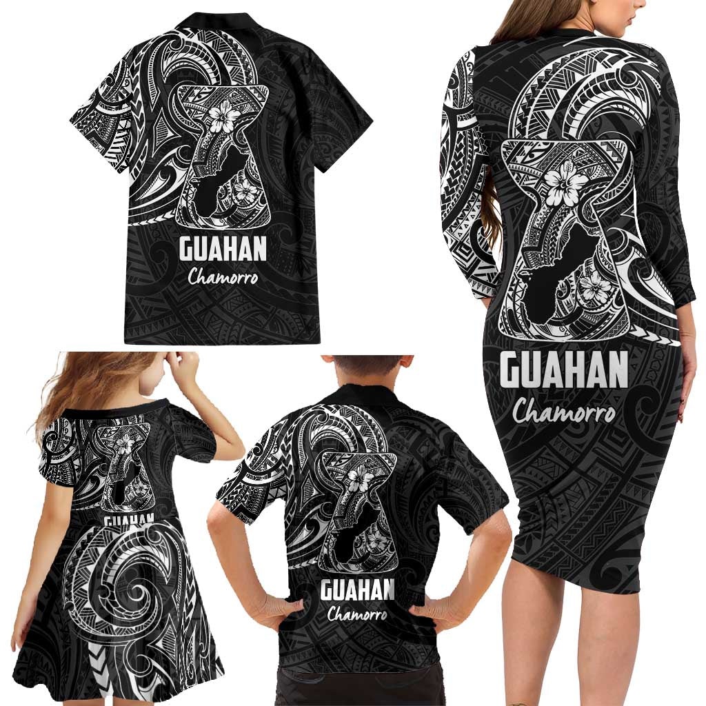 Black Guam Latte Stone Tribal Tattoo Family Matching Long Sleeve Bodycon Dress and Hawaiian Shirt Hafa Adai Six 7 One
