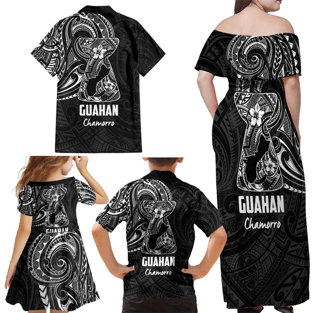 Black Guam Latte Stone Tribal Tattoo Family Matching Off Shoulder Maxi Dress and Hawaiian Shirt Hafa Adai Six 7 One
