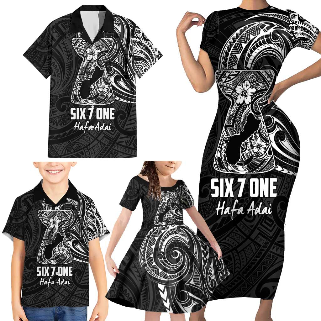 Black Guam Latte Stone Tribal Tattoo Family Matching Short Sleeve Bodycon Dress and Hawaiian Shirt Hafa Adai Six 7 One