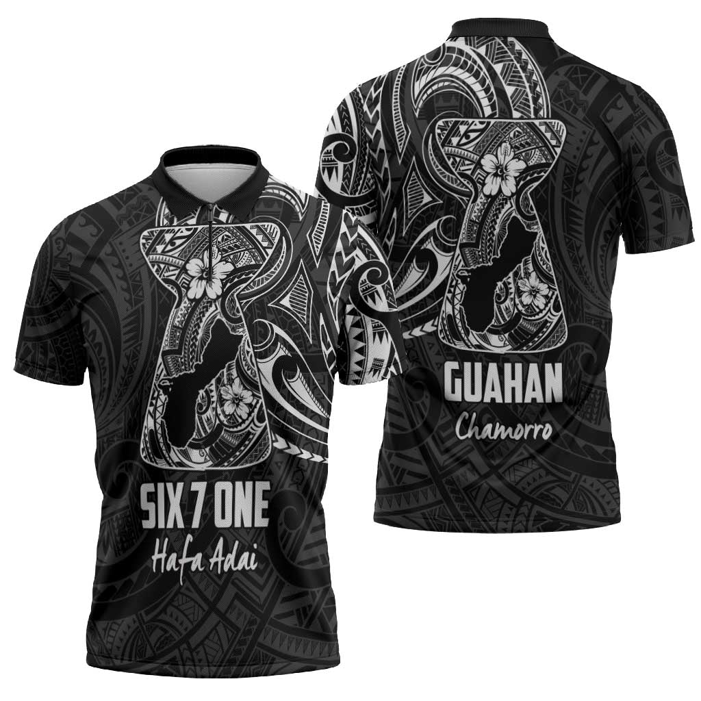 Black Guam Latte Stone Tribal Tattoo Zipper Polo Shirt Hafa Adai Six 7 One - Polynesian Pride