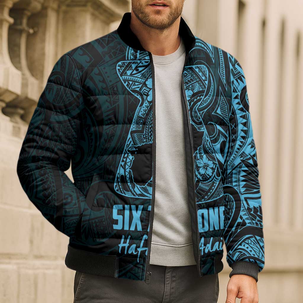 Blue Guam Latte Stone Tribal Tattoo Bomber Puffer Jacket Hafa Adai Six 7 One - Polynesian Pride