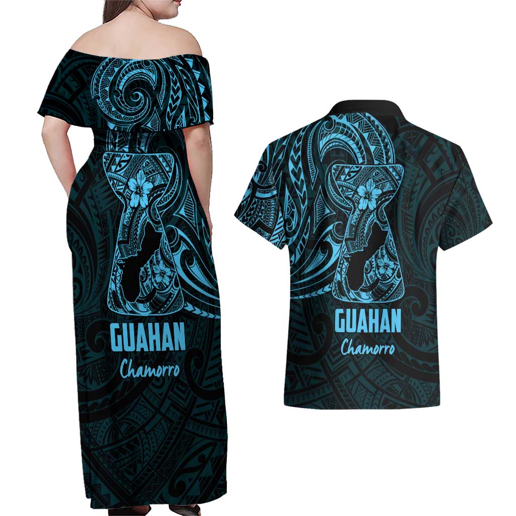 Blue Guam Latte Stone Tribal Tattoo Couples Matching Off Shoulder Maxi Dress and Hawaiian Shirt Hafa Adai Six 7 One