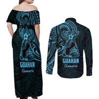 Blue Guam Latte Stone Tribal Tattoo Couples Matching Off Shoulder Maxi Dress and Long Sleeve Button Shirt Hafa Adai Six 7 One