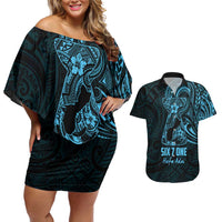 Blue Guam Latte Stone Tribal Tattoo Couples Matching Off Shoulder Short Dress and Hawaiian Shirt Hafa Adai Six 7 One