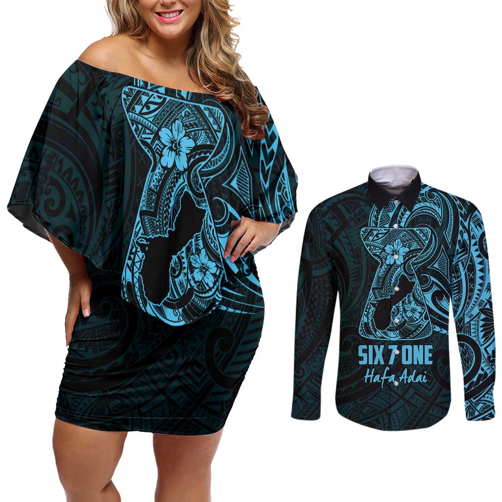 Blue Guam Latte Stone Tribal Tattoo Couples Matching Off Shoulder Short Dress and Long Sleeve Button Shirt Hafa Adai Six 7 One