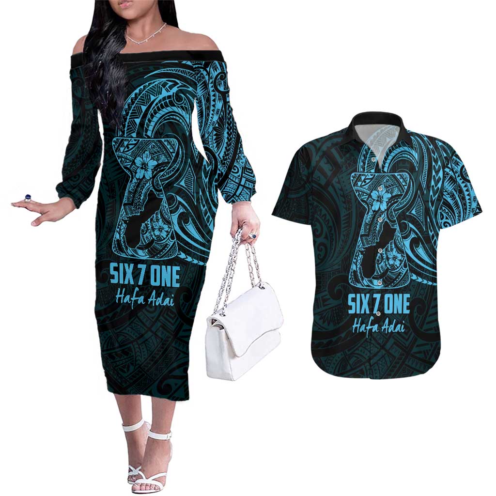 Blue Guam Latte Stone Tribal Tattoo Couples Matching Off The Shoulder Long Sleeve Dress and Hawaiian Shirt Hafa Adai Six 7 One